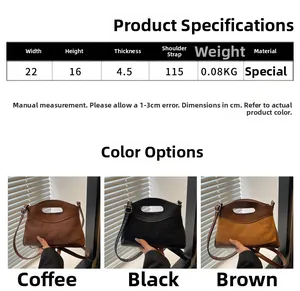 Size chart showing quilted suede handbag dimensions with shoulder strap and color options