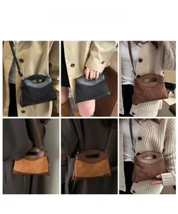Quilted suede patchwork handbag shown in different angles on models in outfits