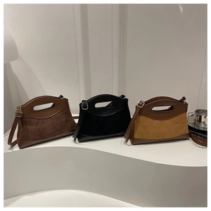 Three minimalist quilted leather handbags in coffee, black and khaki on a modern podium