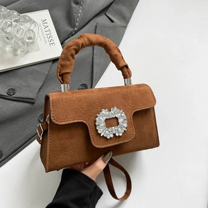 Sac à Épaule en PU Texture Suédine Rétro Boucle en Strass Poignée Froncée Sac à Main Femme Banquet Fête Quotidien