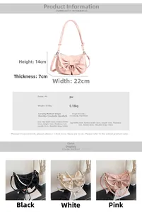 Tabella taglie dettagliata per borsa con fiocco che mostra dimensioni 22x14x7cm e PU