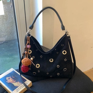 Women Suede Tote Bag Large Capacity Vintage Hobo Shoulder Bag With Metal Grommets Pom Pom Pendant Retro Commuter Handbag