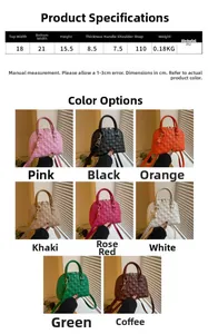 Detailed size chart for quilted PU leather handbag with 8 colors and specific measurements