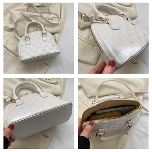 Detailed four-way view of white shell handbag showing textured leather and gold hardware