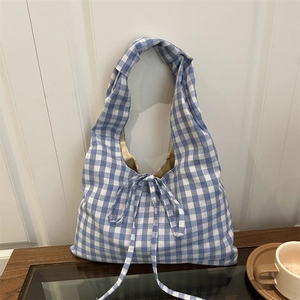 Blue gingham tote bag with bow detail, spacious plaid shoulder bag in Korean vintage style
