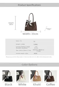 Detailed dimensions and four color variants of large matte tote bag with silk scarf