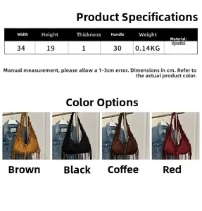 Detailed size chart for bohemian tassel shoulder bag with four color options available