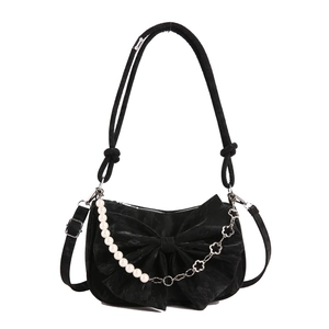 Elegante borsa a tracolla in velluto nero con fiocco e catena di perle per donna
