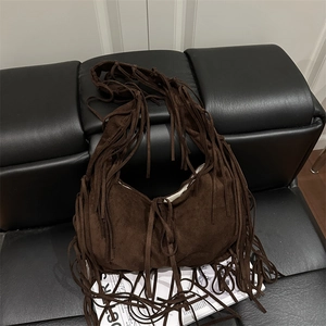 Bohemian brown suede crescent underarm bag with long fringe tassels for casual style