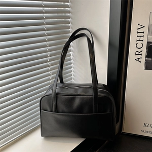 Minimalist black PU leather Boston bag with double straps and silver zipper pockets
