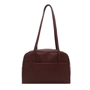 Retro deep brown PU leather large shoulder bag with front pocket in minimalist white background