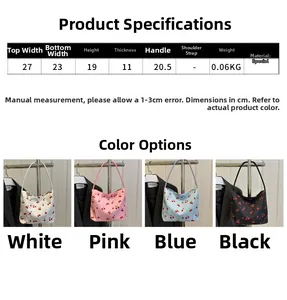 Detailed view of bucket bag dimensions with various cherry patterns and lightweight fabric