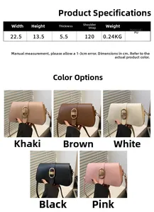 Detailed size specifications and five color variants of the vintage PU leather shoulder bag