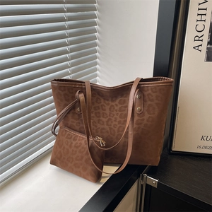 Vintage Leopard Print Tote Bag And Pouch Set Large Capacity Synthetic Leather Women Shoulder Bag Commuter Fashion Handbag