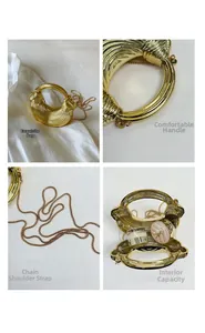 Detail view of golden crescent box bag with wave texture, handle and chain strap