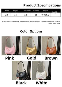 Detailed size specifications and five color options for this PU leather crescent handbag