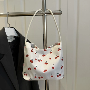 Cherry Print Women Shoulder Bag Polyester Sweet Korean Style Large Capacity Tote Daily Casual Mini Hobo Handbag