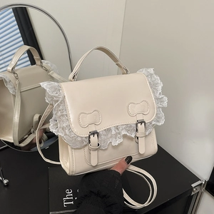 Sac à Bandoulière Lolita Douce pour Femmes Cuir PU Bordure Dentelle Nœud Sac à Main École Fête Petit Sac Carré Quotidien