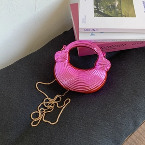 Mini Evening Clutch Bag Metallic Acrylic Pleated Ribbed Half Moon Handbag With Ring Handle Chain Strap For Party Wedding