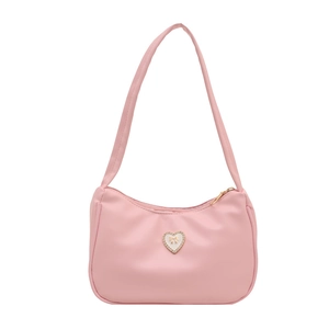 Chic pink shoulder bag with heart diamond buckle and gold bow detail for women
