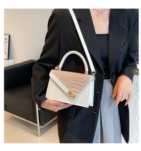 Detail of elegant two-tone faux leather handbag with crocodile texture and gold metal lock