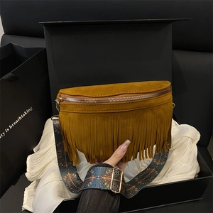 Women Bohemian Faux Suede Tassel Crossbody Bag Vintage Ethnic Wide Pattern Strap Half Moon Zipper Shoulder Bag Daily Fashion