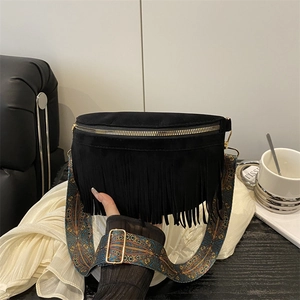 Bohemian black suede crossbody bag with long tassels and ethnic pattern strap