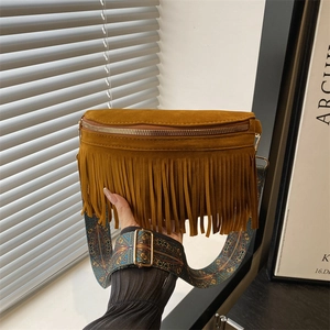 Vintage Suede Tassel Shoulder Bag Women Bohemian Ethnic Print Strap Crossbody Waist Bag Retro Small Semicircle Chest Bag