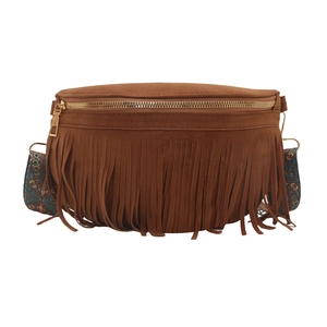 Brown vintage fringe crossbody bag with colorful bohemian woven strap and suede texture