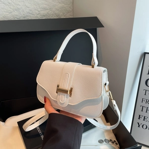 Elegant white litchi pattern leather square handbag with golden H-buckle and strap