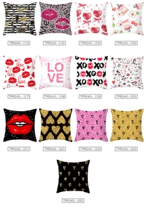 Collage of square peach skin pillow covers featuring red lips and heart patterns