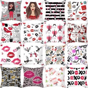 Valentine's Day Red Lips Heart Peach Skin Pillowcase Fashion Eiffel Tower Square Sofa Cushion Cover For Romantic Home Decor