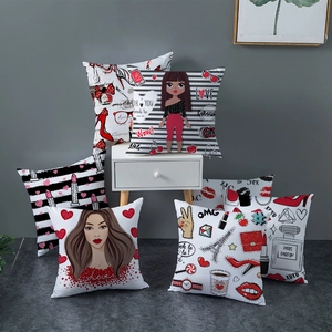 Modern red and black fashion peach skin pillow cases with trendy illustration prints