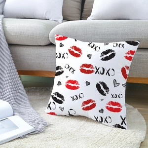 Valentine's Day peach skin pillowcase with XOXO lip prints on a cozy white rug