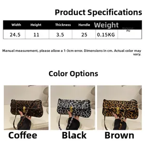 Größentabelle für Leopard-Handtasche aus Kunstleder mit Maßen und drei Farbvarianten