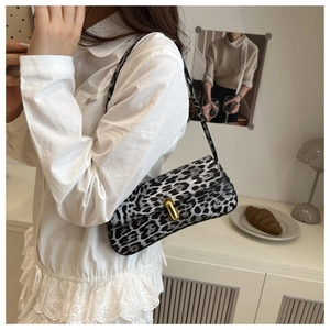 Detail of leopard print baguette bag featuring gold buckle on white lace shirt