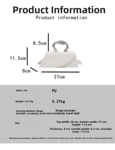 Detailed view of white geometric handbag with dimensions and 0.37kg weight specs