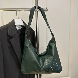 Dark green faux leather hobo tote bag with silver rivet M detail for chic office commuting