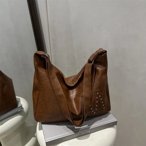 Dark brown large tote bag in lychee pattern PU leather with silver metal rivet M design