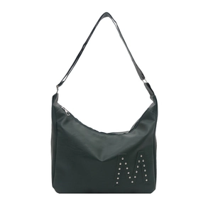Deep green large PU leather shoulder bag with silver rivet M design on white background