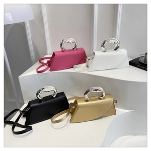 Multiple stylish leather handbags with unique silver liquid metal handles in four colors