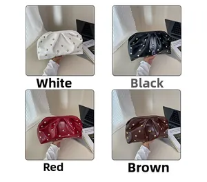 Ruched clutch bag set with gold rivets in white, black, red, and brown colors