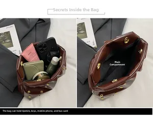 Close-up of brown pleated bucket bag interior showing capacity and magnetic closure