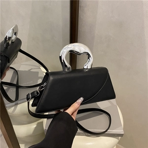 Women PU Leather Handbag With Irregular Metal Handle Asymmetric Geometric Crossbody Shoulder Bag For Daily Fashion