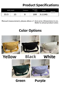 Size chart for solid minimalist crossbody bag showing dimensions and five color options
