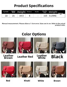 Detailed size chart and multi-color options for minimalist PU saddle crossbody bag