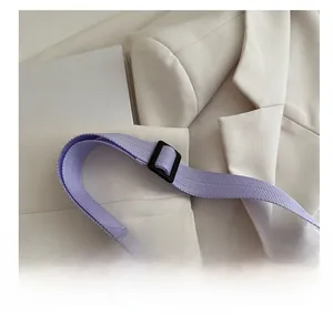 Close-up of a purple woven shoulder strap with black adjustable buckle on a beige suit