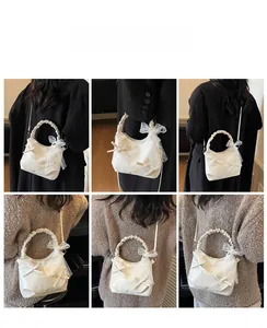 Model showcase of off-white ruched hobo bag with bow lace details in various outfits