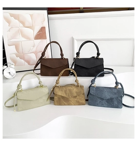 Five minimalist crossbody square bags in marble texture with envelope flap and knotted handle