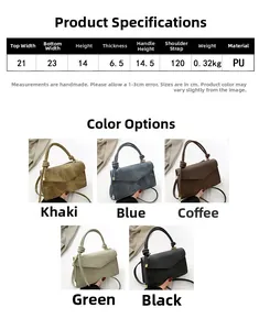 Detailed size specifications and five color options for this PU leather crossbody bag